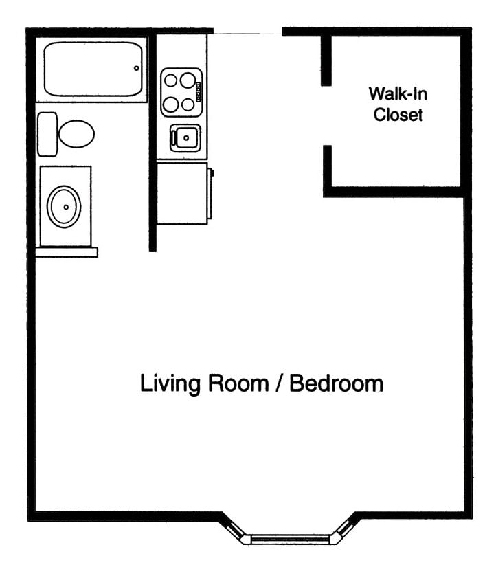 Independent living studio apartment floor plan in East Lansing, Michigan.