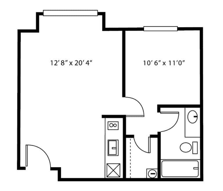 Independent living one-bedroom apartment floor plan in Raleigh, North Carolina.