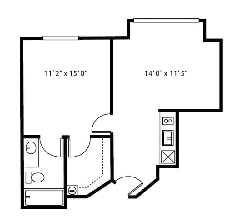 Independent living one-bedroom apartment floor plan in Raleigh, North Carolina.