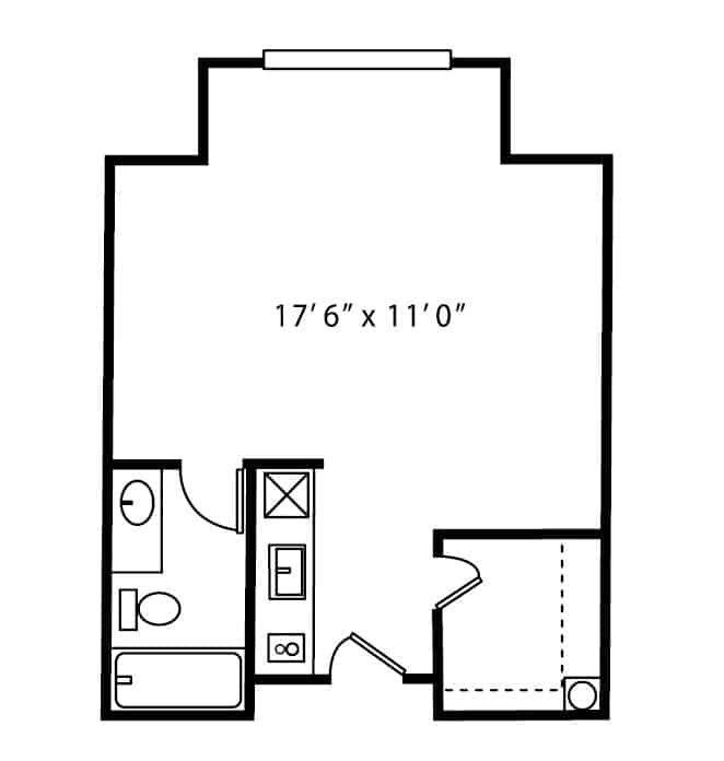 Independent living studio apartment floor plan in Raleigh, North Carolina.