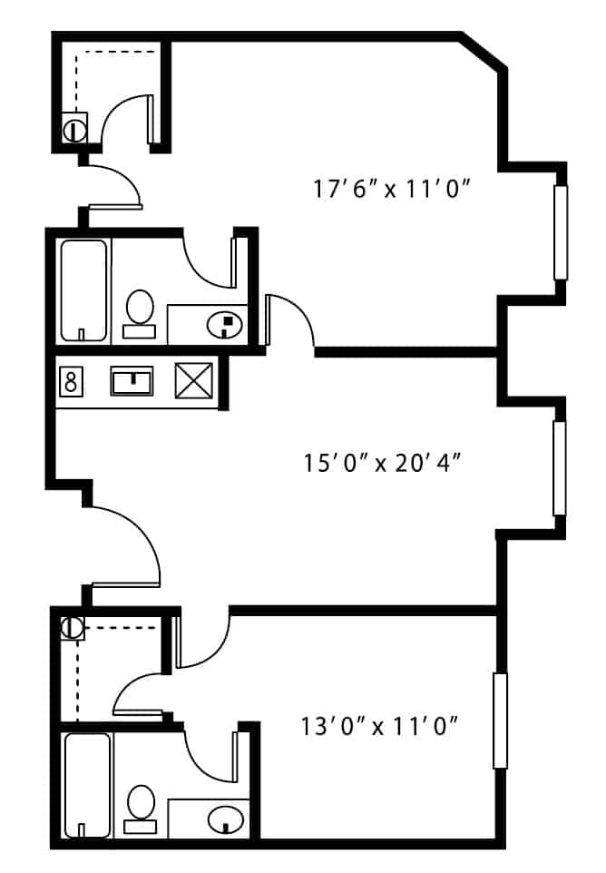 Independent living two-bedroom apartment floor plan.