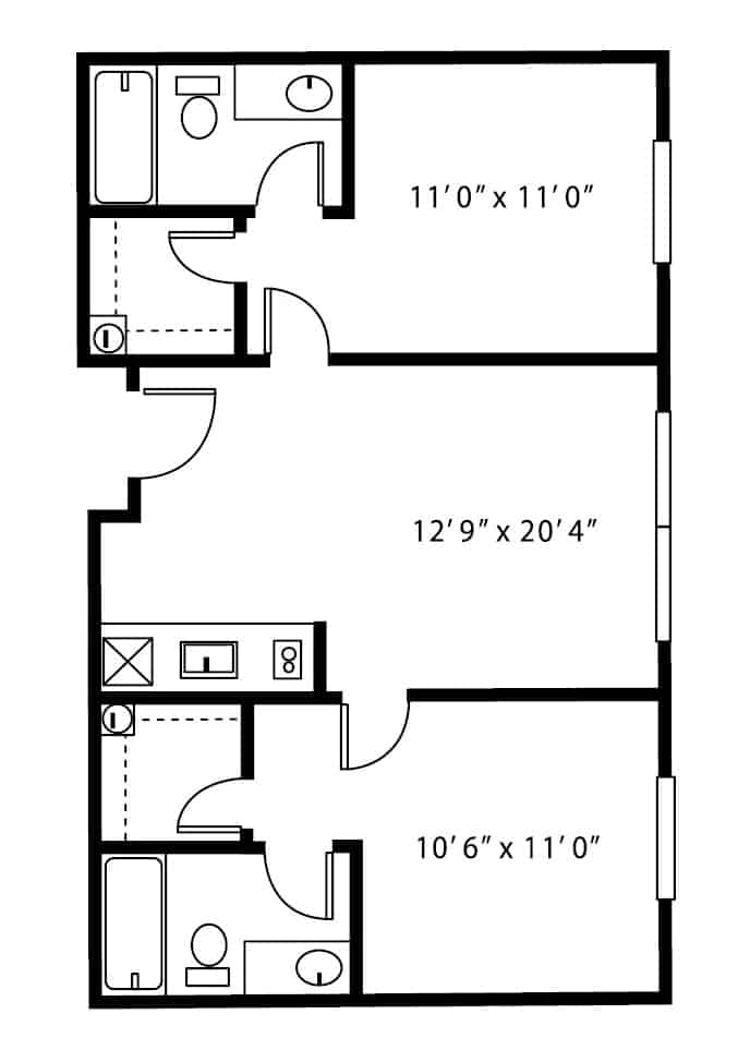 Independent living two-bedroom apartment floor plan in Raleigh, North Carolina.