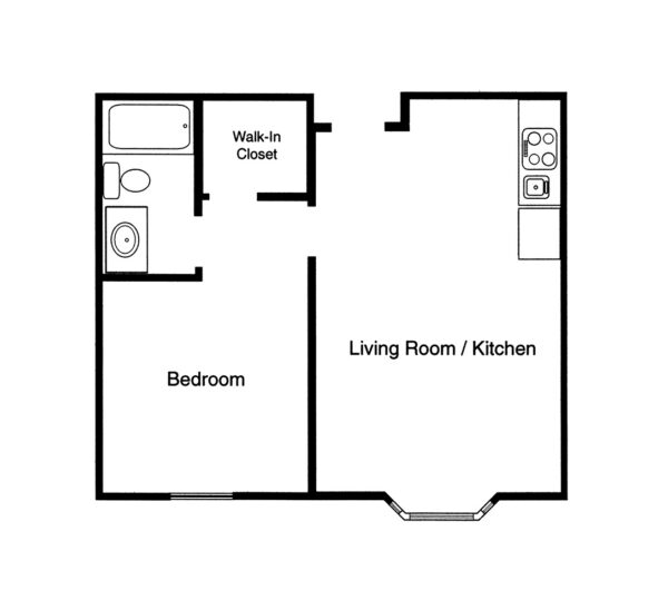 One-bedroom apartment floorplan with living room, bathroom and kitchen at a senior living community in East Lansing, Michigan.