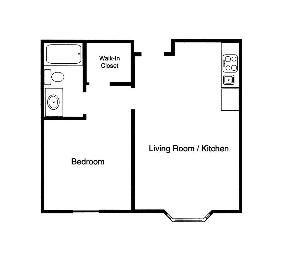 One-bedroom apartment floor plan with a living room, bathroom and kitchen at a senior living community in East Lansing, Michigan