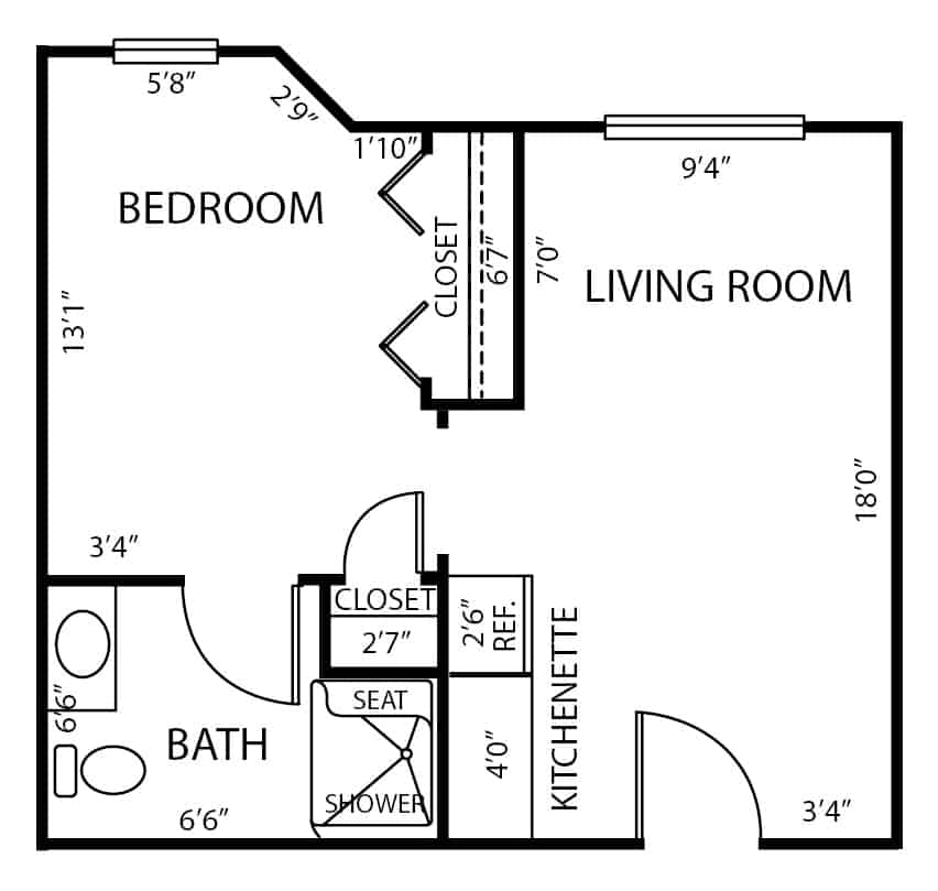 Assisted living one-bedroom apartment floor plan in Anderson, Indiana.