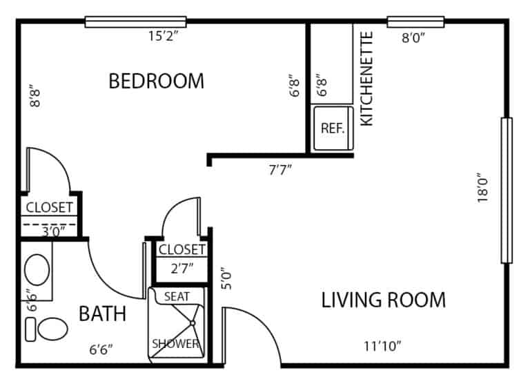 Assisted living one-bedroom apartment floor plan in Anderson, Indiana.