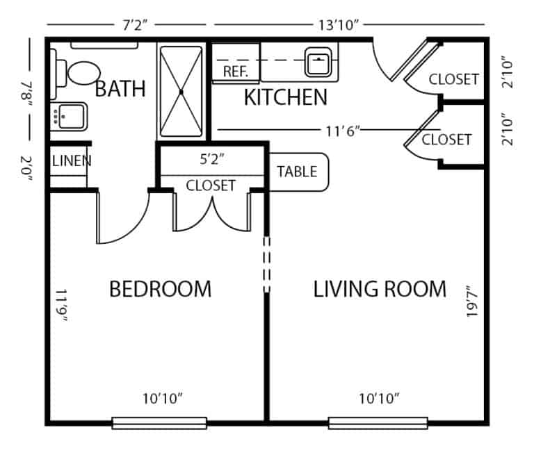 Assisted living one-bedroom apartment floor plan in Anderson, Indiana.