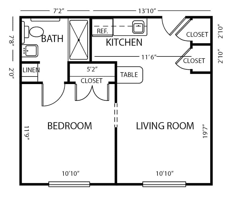 Assisted living one-bedroom apartment floor plan in Anderson, Indiana.