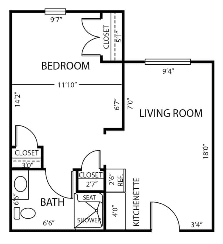 Assisted living one-bedroom apartment floor plan in Anderson, Indiana.