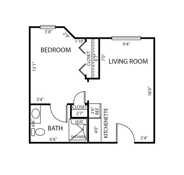One-bedroom apartment floorplan with living room, bathroom and kitchenette at a senior living community in Anderson, Indiana.