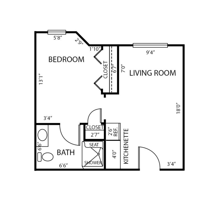 One-bedroom apartment floorplan with living room, bathroom and kitchenette at a senior living community in Anderson, Indiana.