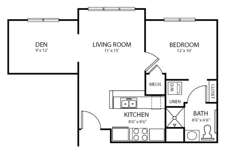 Independent living one bedroom with den apartment floor plan in Columbus, North Carolina.