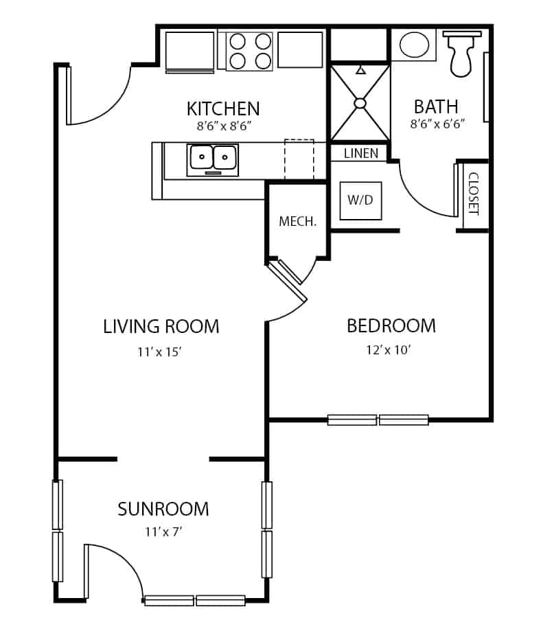 Independent living one bedroom plus sunroom with exterior entrance in Columbus, North Carolina.