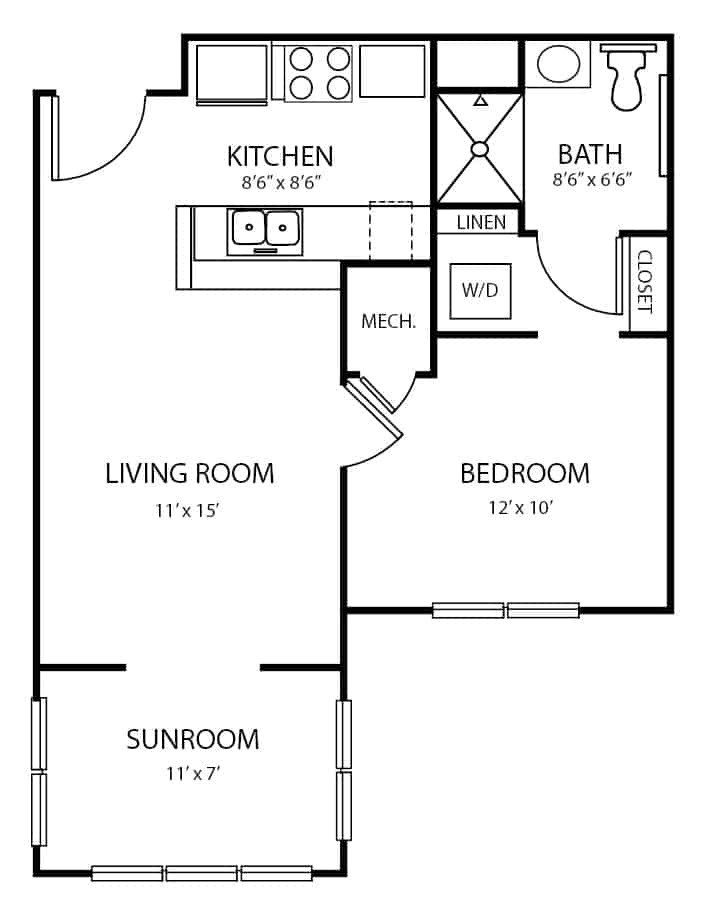 Independent living one bedroom unit with sunroom and separate entrance apartment floor plan in Columbus, North Carolina.