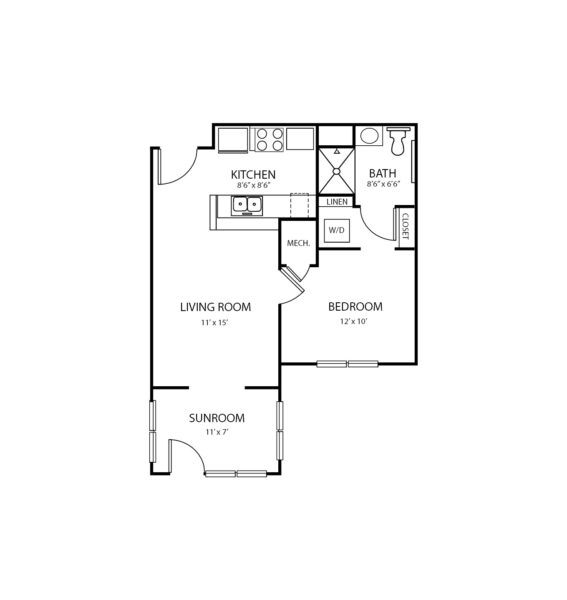 One-bedroom apartment floorplan with living room, bathroom, kitchen and sunroom at a senior living community in Columbus, North Carolina.