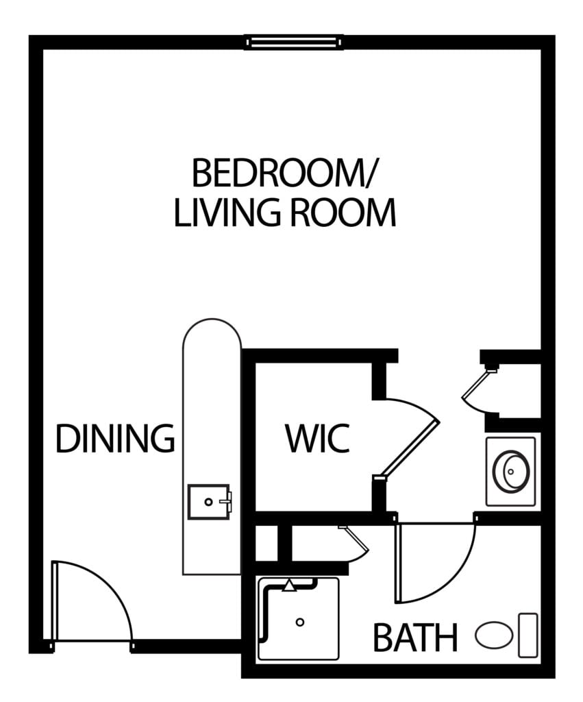 studio apartment with dining area, bathroom and walk-in closet
