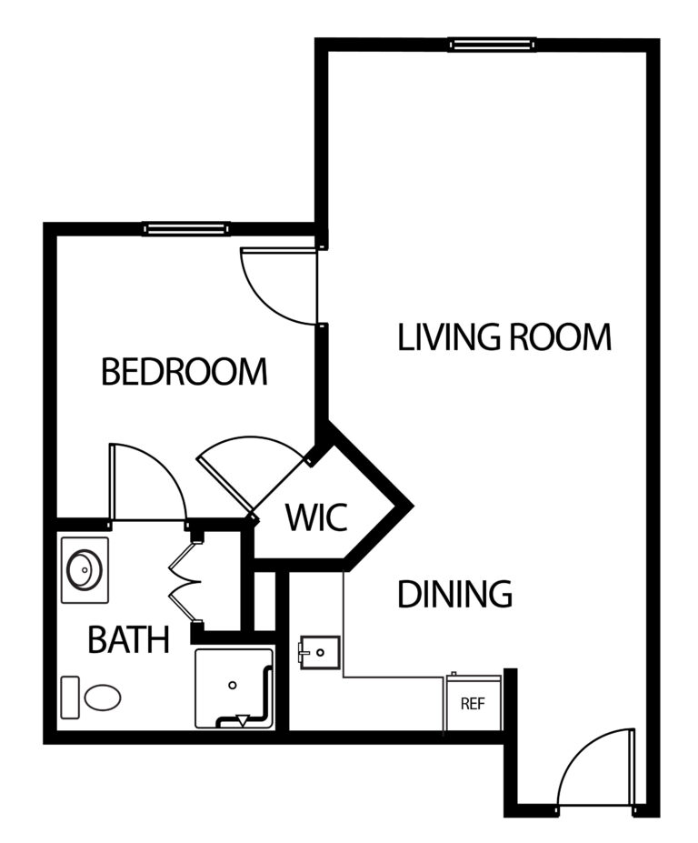 one-bedroom apartment with living room, bathroom and kitchenette