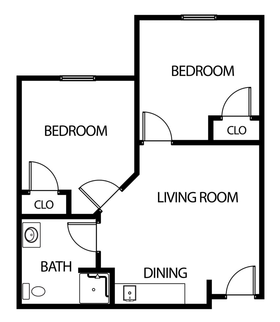 two-bedroom apartment with living room, bathroom and kitchenette