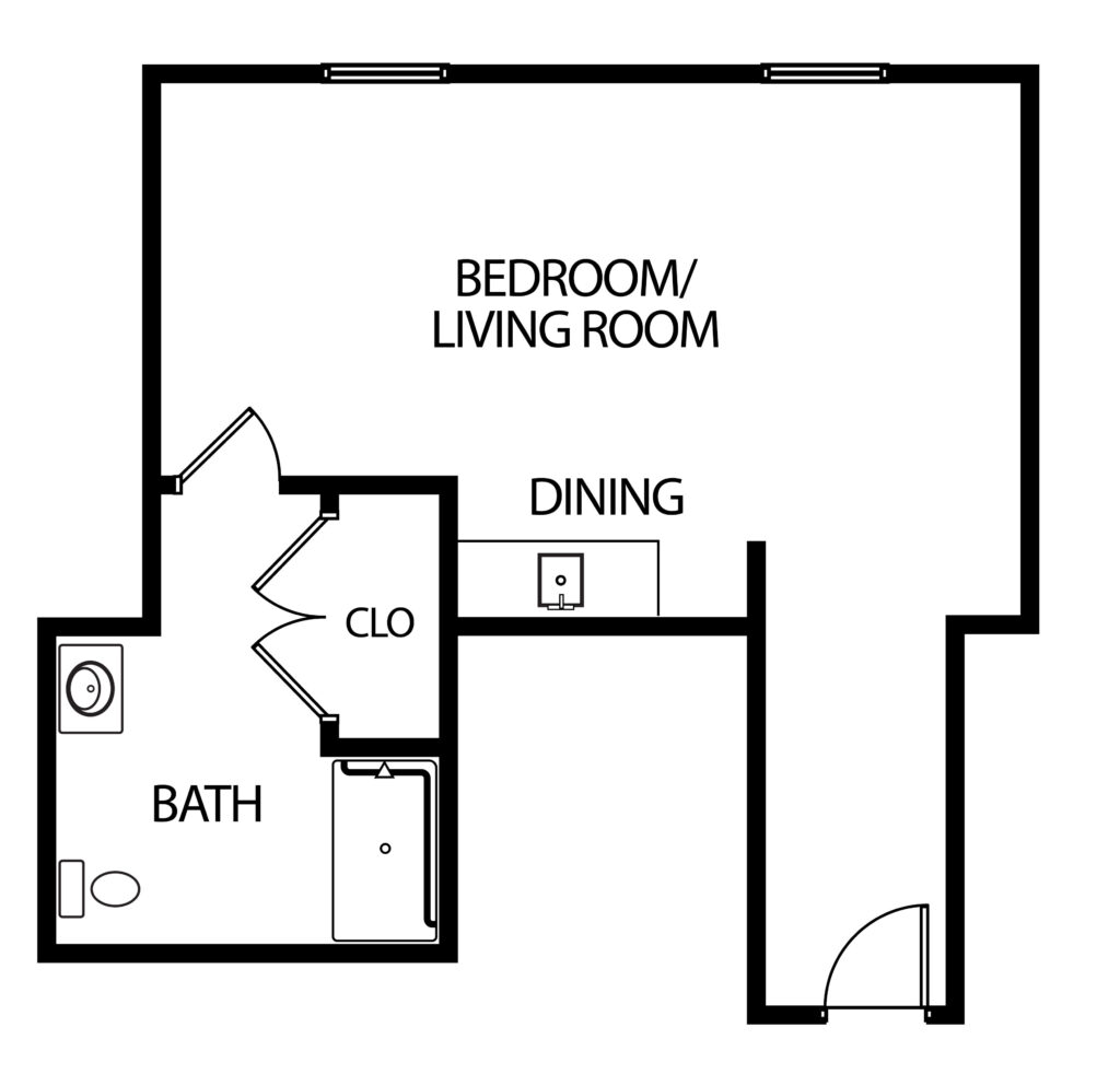 studio apartment with dining area, bathroom and walk-in closet