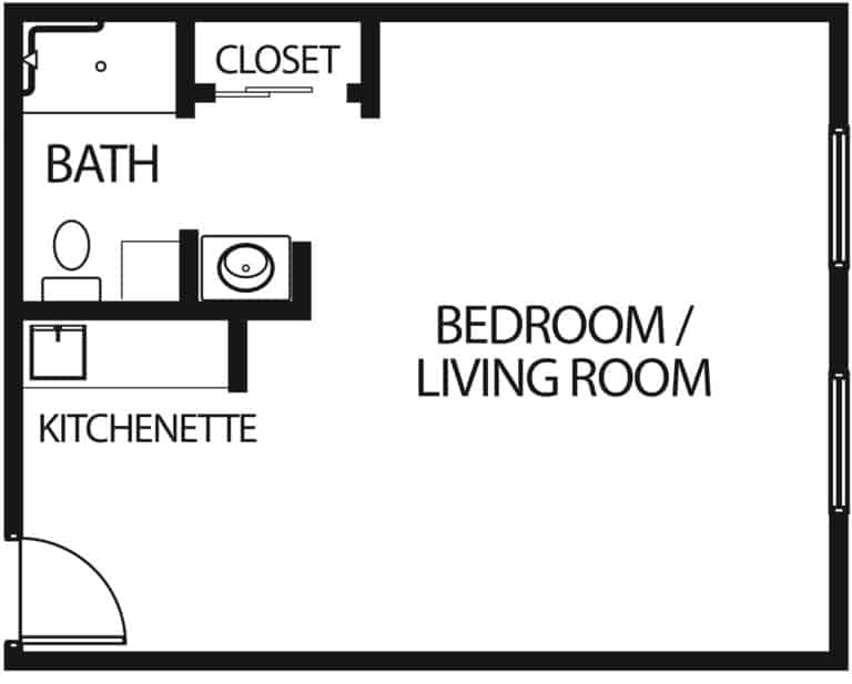 Marquis Place of Elkhorn in Elkhorn, Nebraska studio apartment with bathroom, closet and kitchenette.