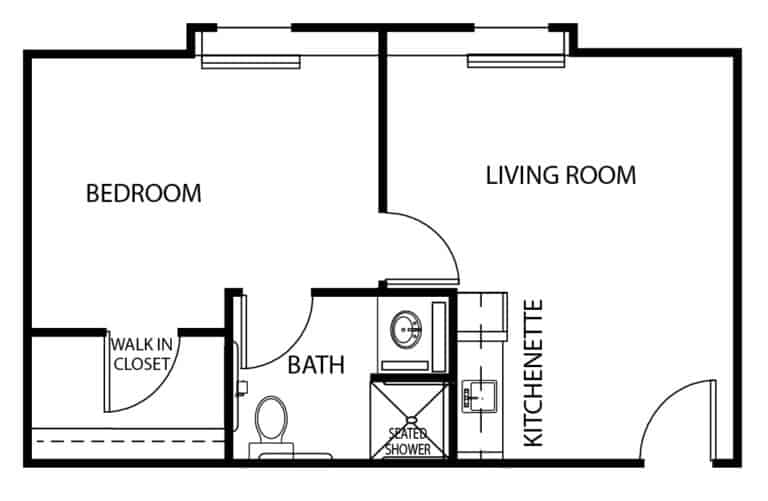 Assisted living one bedroom, one bathroom apartment floor plan in Elkhorn, Nebraska.