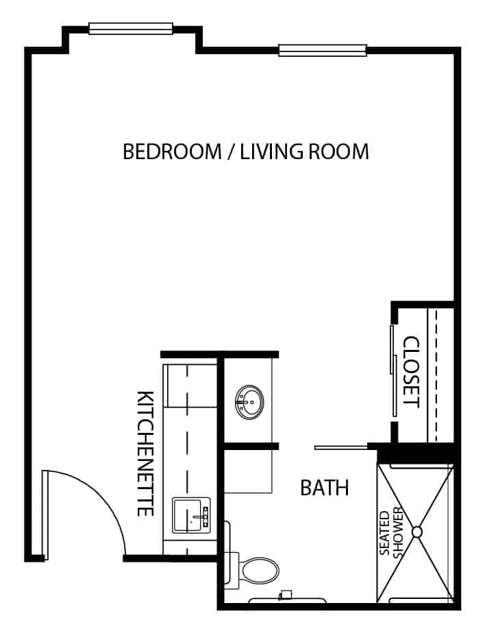 Memory care private room apartment floor plan in Elkhorn, Nebraska.
