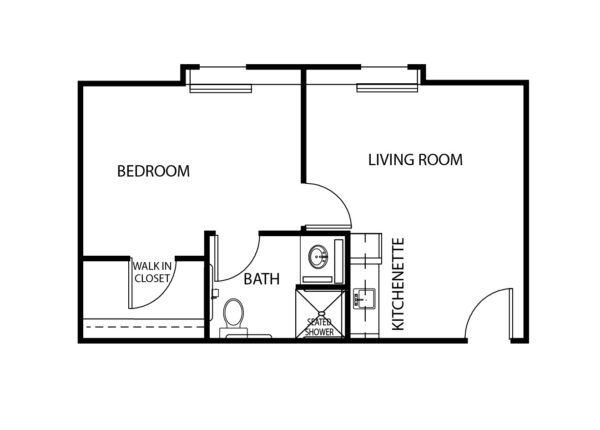One-bedroom apartment floorplan with living room, bathroom and kitchenette at a senior living community in Elkhorn, Nebraska.