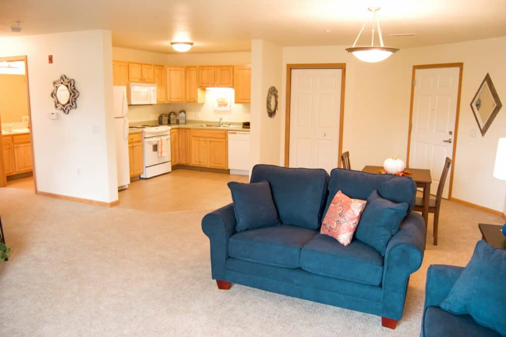 Senior apartment with living room and kitchen in Fitchburg, Wisconsin.