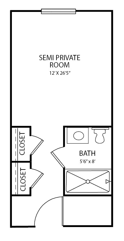Assisted living semi-private room apartment floor plan in Anderson, South Carolina.