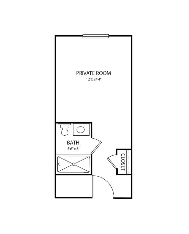 Studio apartment floorplan with bathroom and walk-in closet at a senior living community in Anderson, South Carolina.
