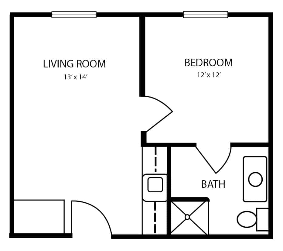 Assisted living one-bedroom, one-bathroom apartment floor plan in Chardon, Ohio.