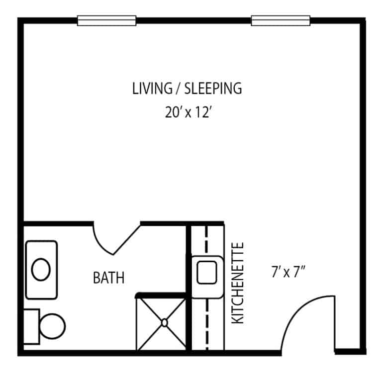Assisted living studio apartment floor plan in Chardon, Ohio.