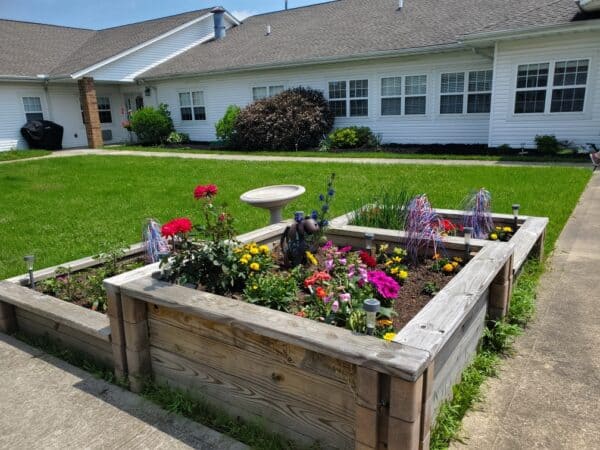 Resident garden outside at a senior living community in Chardon, Ohio.
