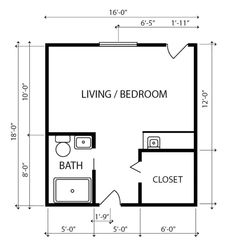 Assisted living studio apartment floor plan in Jeffersonville, Indiana.