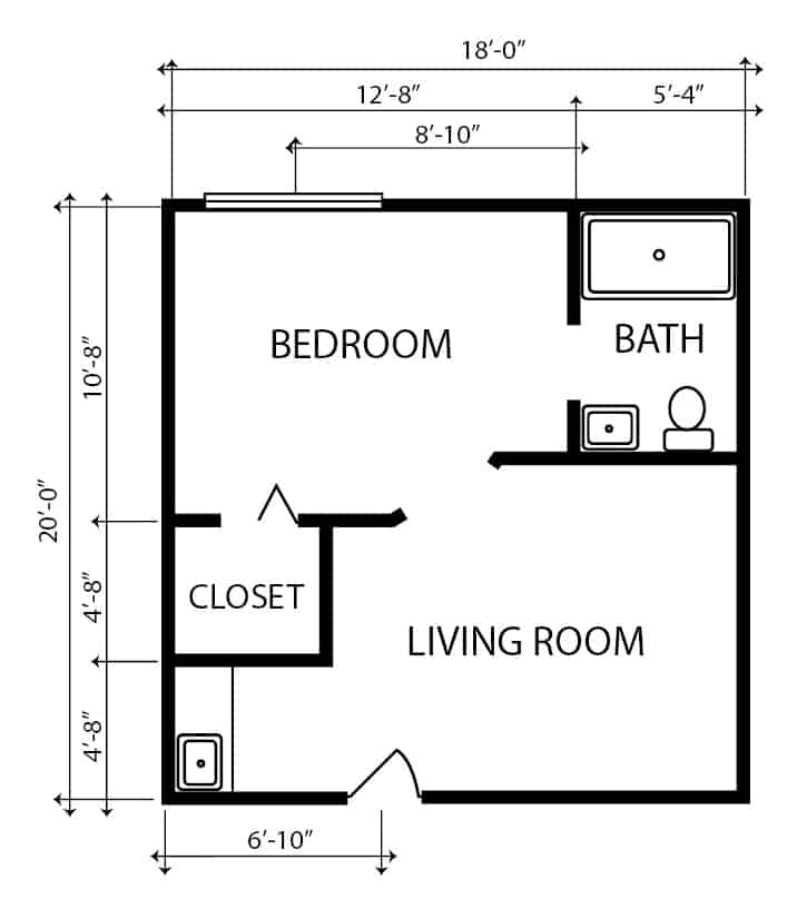 Assisted living one-bedroom, one-bathroom apartment floor plan in Jeffersonville, Indiana.