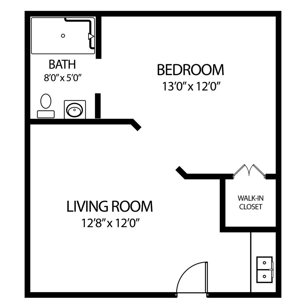 Senior living apartment with a bedroom, living room, walk-in closet and bathroom