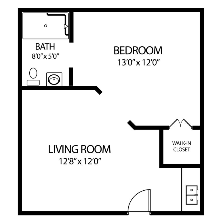 Senior living apartment with a bedroom, living room, walk-in closet and bathroom