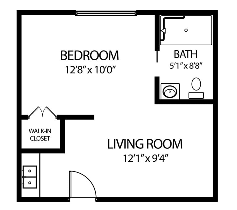 Senior living apartment with a bedroom, living room, walk-in closet and bathroom