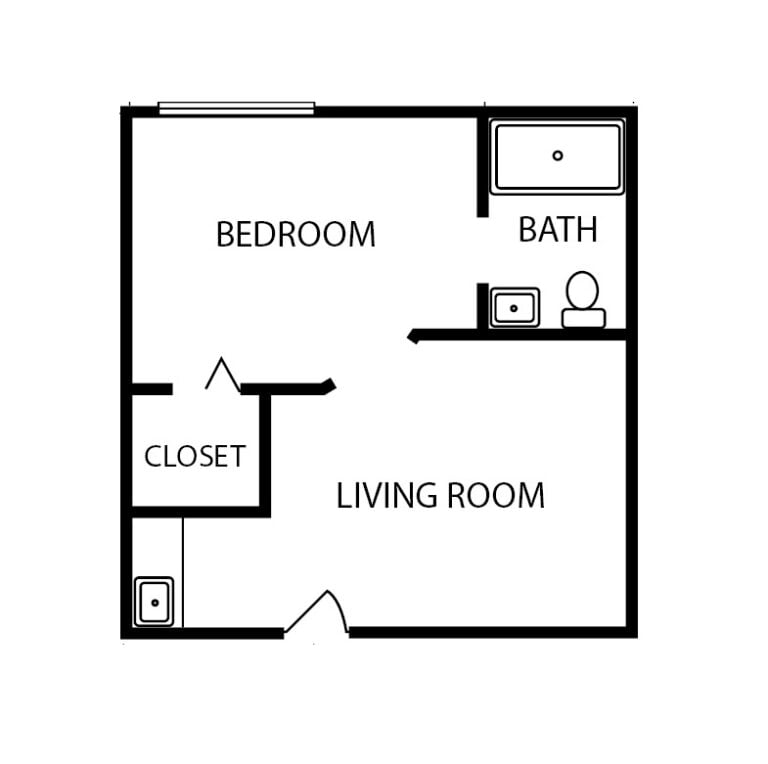 One-bedroom apartment floorplan with living room, bathroom and large closet at a senior living community in Jeffersonville, Indiana.