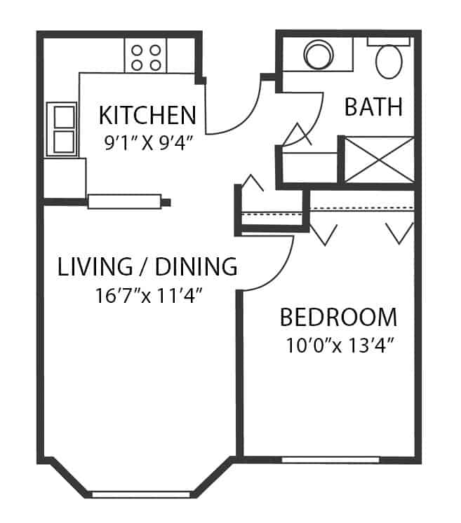 Independent and assisted living one-bedroom, one bathroom apartment floor plan in Maple Grove, Minnesota.