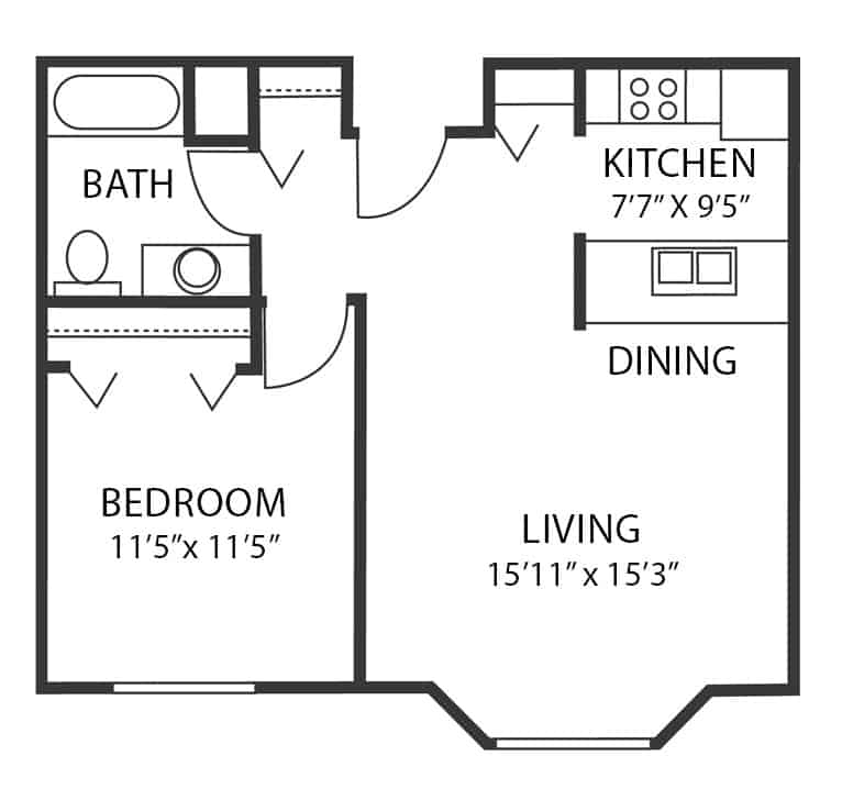 Assisted living one-bedroom, one bathroom apartment floor plan in Maple Grove, Minnesota.