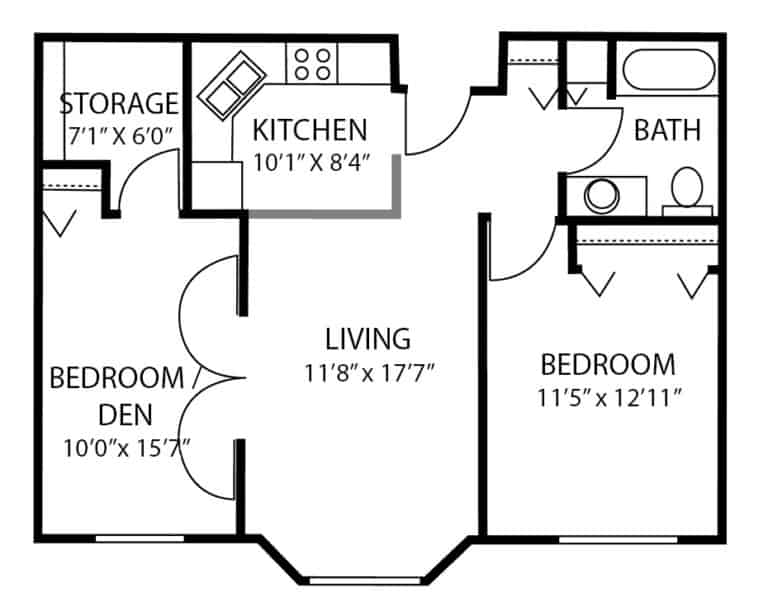 Assisted living two-bedroom, one-bathroom apartment floor plan with in-unit storage space in Maple Grove, Minnesota..