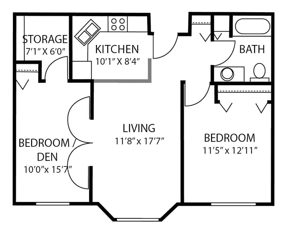 Assisted living two-bedroom, one-bathroom apartment floor plan with in-unit storage space in Maple Grove, Minnesota..