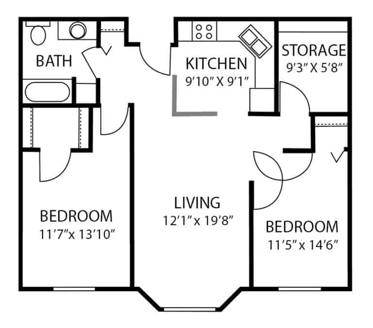 Independent and assisted living two-bedroom, one-bathroom apartment floor plan in Maple Grove, Minnesota.