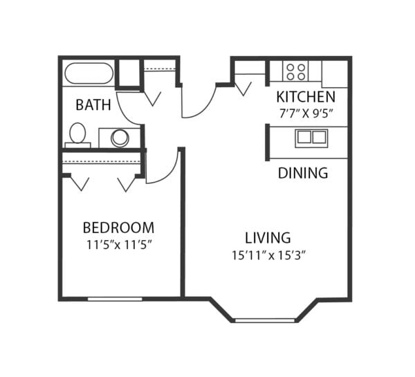 One-bedroom apartment floorplan with living room, bathroom and kitchen at a senior living community in Maple Grove, Minnesota.