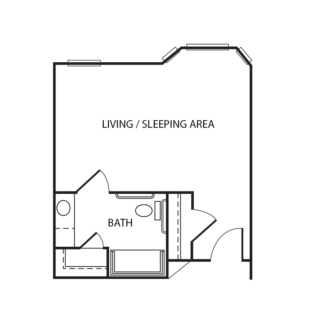 Studio apartment floor plan with a bathroom and walk-in closet at a senior living community in Humble, Texas