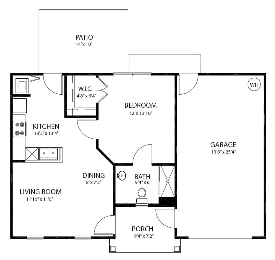 Independent living one bedroom cottage floor plan in Anderson, South Carolina.