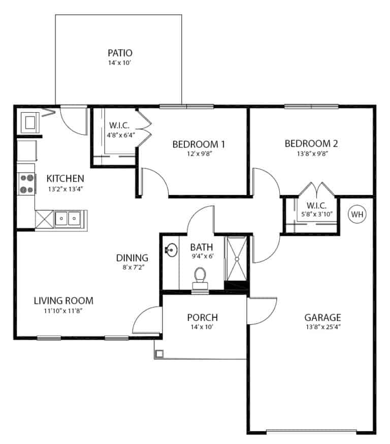 Independent living two-bedroom, one-bathroom cottage floor plan in Anderson, South Carolina.