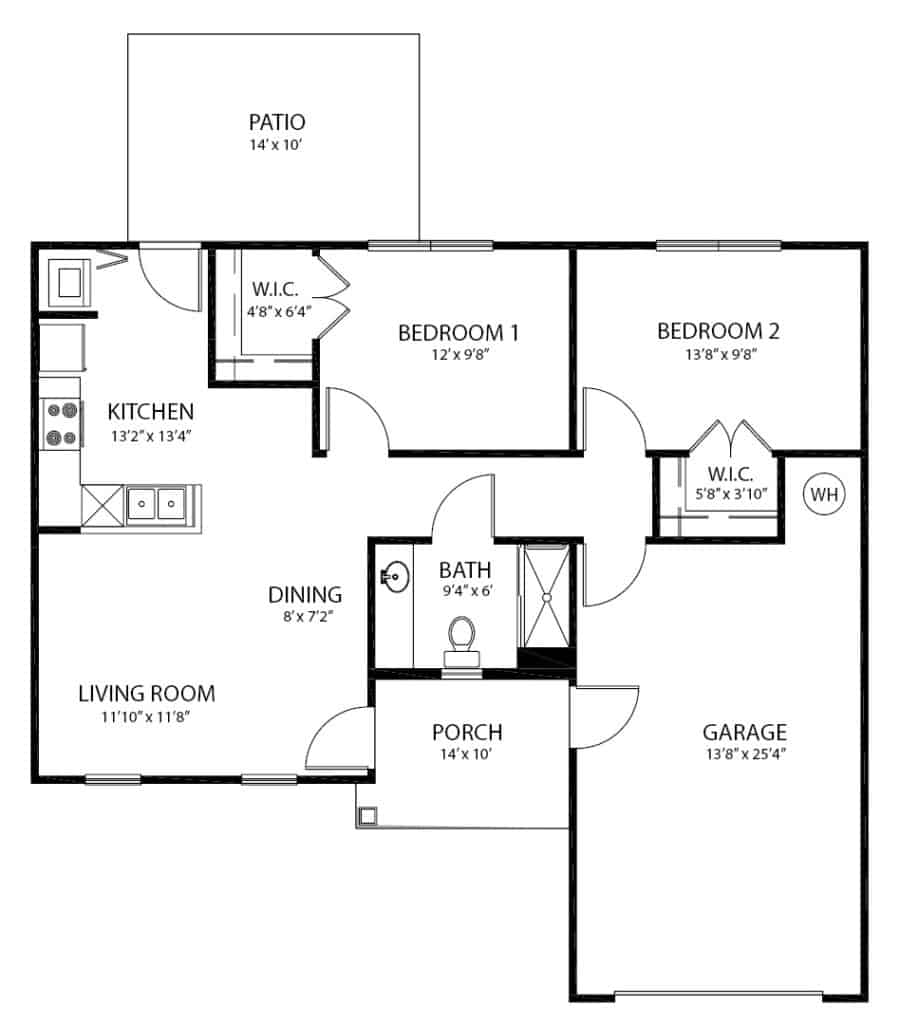 Independent living two-bedroom, one-bathroom cottage floor plan in Anderson, South Carolina.