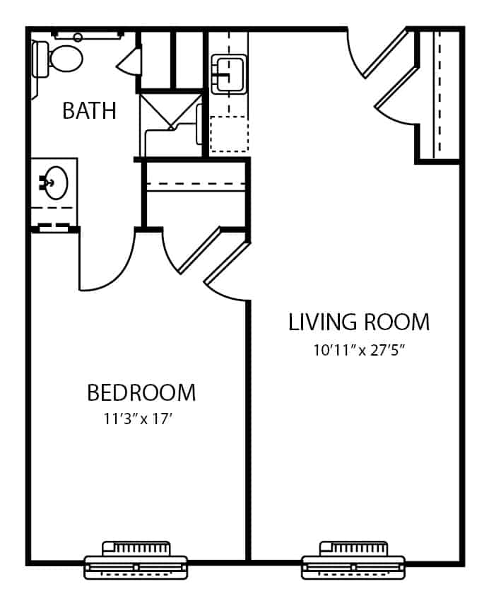 Assisted living one-bedroom apartment floor plan in Macedonia, Ohio.